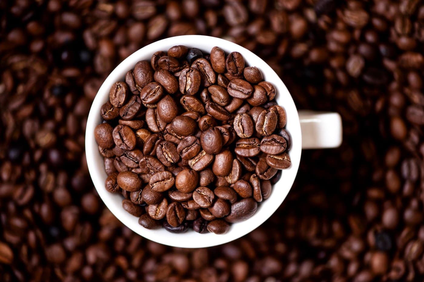Coffee mug filled with dark coffee beans